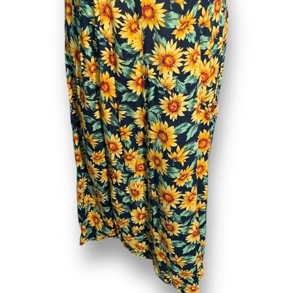 Vintage 90s Maxi Dress Sunflower Dark Floral Printed Black Sleeveless Cross-Back - Picture 7 of 12